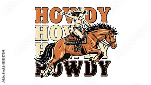 A cowboy riding a horse jumping with the word "Howdy" repeated in the background.