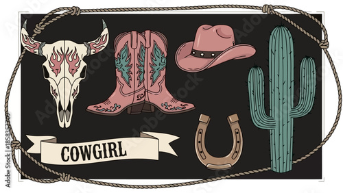 A collection of Western-themed illustrations including a cow skull, cowboy boots, a cowboy hat, a cactus, and a horseshoe, all framed by a rope.