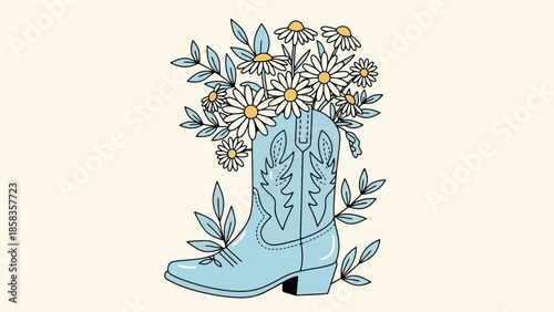 A light blue cowboy boot filled with daisies and leaves, set against a cream background.