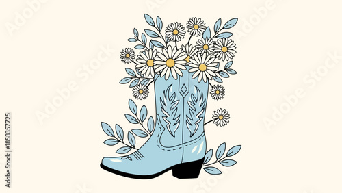 A light blue cowboy boot overflowing with white daisies and green leaves, set against a cream background.