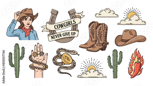 A collection of Western-themed illustrations including a cowgirl, cowboy hat, boots, horseshoe, cacti, snake, and fiery chili pepper.