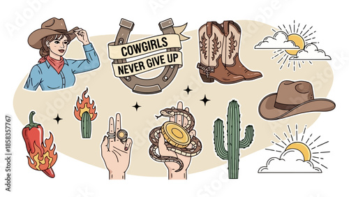A collection of Western-themed illustrations including a cowgirl, cowboy boots, a horseshoe with text, a cactus, chili peppers, a snake, and other iconic symbols.