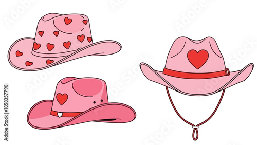 Fotografie Three pink cowboy hats adorned with red hearts, two with all-over heart patterns and one with a large central heart