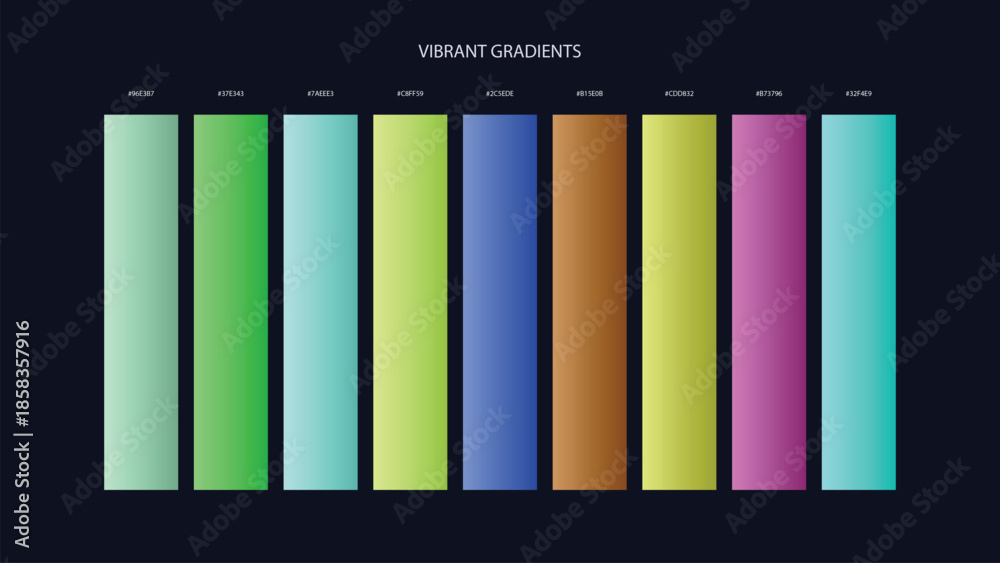 Obraz premium Vibrant Gradient Color Palette Swatches with HEX Codes for UI and Branding on Dark Background
