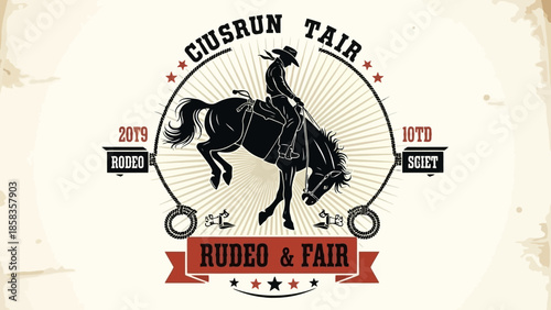 Vintage rodeo and fair poster featuring a cowboy on a bucking bronco, with "CIUSRUN FAIR" and "RODEO & FAIR" text.