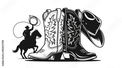 A striking illustration featuring a cowboy on horseback with a lasso, alongside a pair of cowboy boots and a hat.