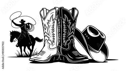 A black and white illustration featuring cowboy boots, a cowboy hat, and a cowboy on horseback with a lasso.