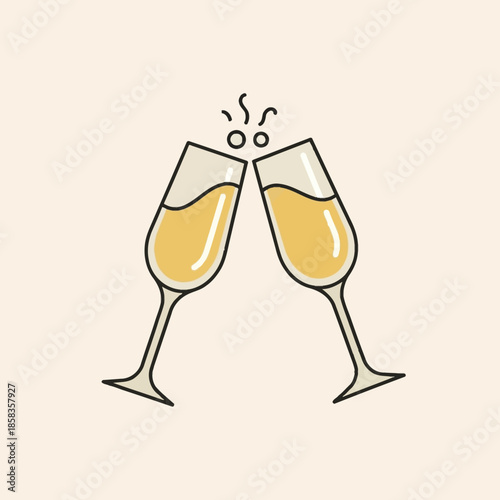 Two champagne glasses clinking together in a celebratory toast, with bubbles rising from the impact, on a light background.