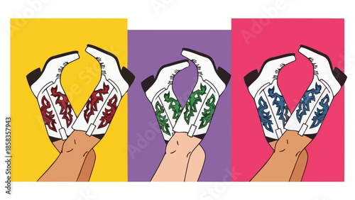 Three pairs of white cowboy boots with colorful embroidery, displayed against vibrant yellow, purple, and pink backgrounds.