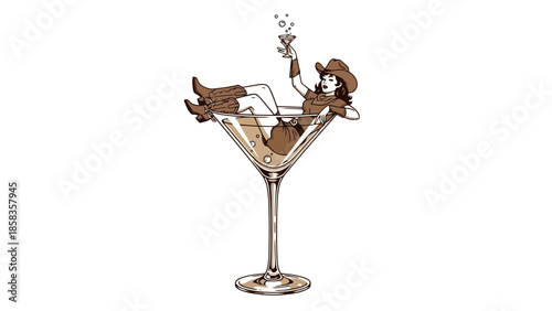 A cartoon illustration of a woman dressed as a cowgirl relaxing in a giant martini glass, holding a cocktail.