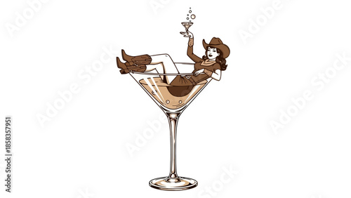 A retro illustration of a woman in a cowboy hat and boots relaxing in a giant martini glass filled with a beverage.