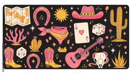 Wild West themed illustration with cowboy hat, boots, cactus, guitar, and other elements.