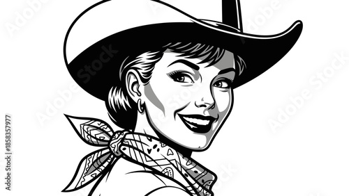 A black and white illustration of a smiling woman wearing a cowboy hat and bandana.