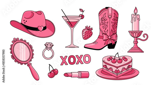A collection of pink-themed items including a cowboy hat, cocktail, strawberry, boot, candle, mirror, ring, lipstick, cherries, cake, and XOXO text.