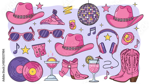 A vibrant collection of pink cowboy-themed party accessories, including hats, boots, sunglasses, and cocktails, set against a light purple background.