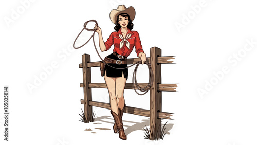A retro-style illustration of a cowgirl in a red shirt and black skirt, holding a lasso, leaning against a wooden fence.