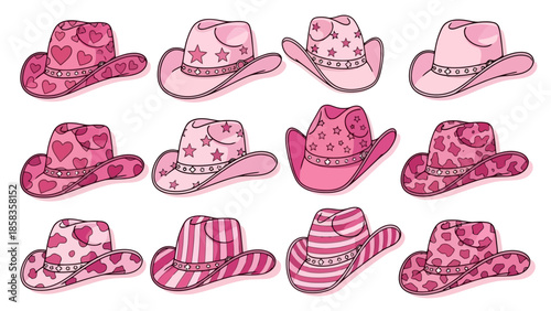 A collection of twelve pink cowboy hats with various heart and star patterns, presented in a grid.