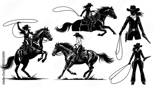 Silhouette illustrations of cowgirls riding horses, some with lassos and guns, in various action poses.