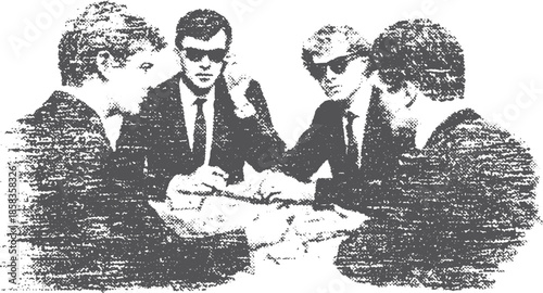 Business meeting featuring a group of professionals discussing strategy. Formal illustration of men in suits with sunglasses set in vintage style vector.