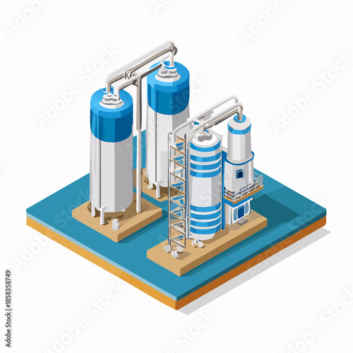 Industrial facility with large cylindrical storage tanks and machinery