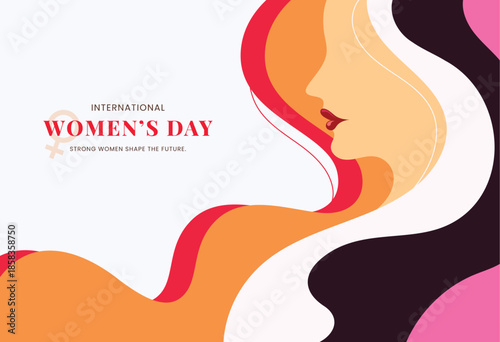 Minimalist vector illustration of a woman's profile with colorful flowing hair and International Women's Day typography on a white background.