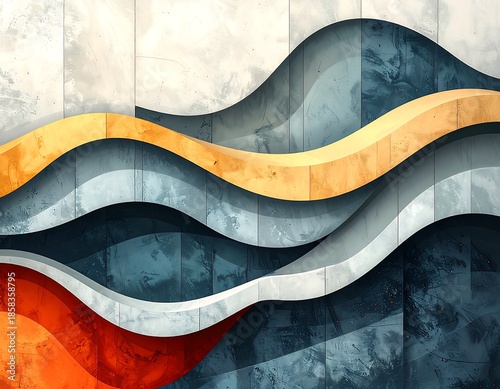 An abstract layered design featuring flowing, wave-like shapes with a textured and gradient aesthetic