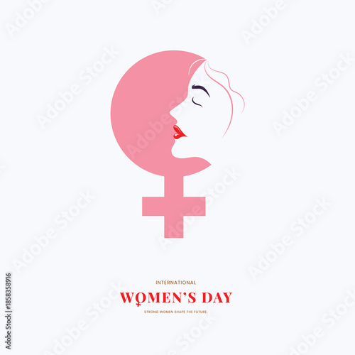 Minimalist vector illustration of a woman's profile emerging from a pink Venus gender symbol for International Women's Day on a white background.