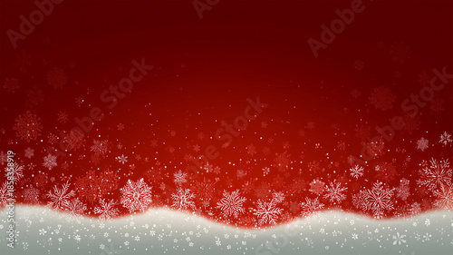 赤いグラデーションに白い雪の結晶を下辺に敷いた冬の背景、人物なし