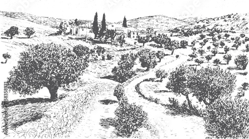 Scenic landscape featuring a winding road through a countryside with trees and a village. Detailed black and white vector illustration.
