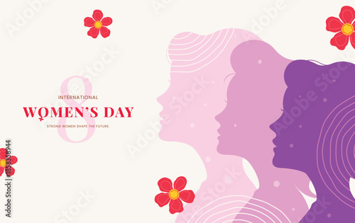 Layered vector illustration of three women's profiles in shades of pink and purple with red flowers for International Women's Day on a beige background.