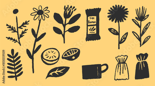 Botanical elements including flowers, leaves, and a cup in black illustration. Simple flat design vector set for natural-themed decor.