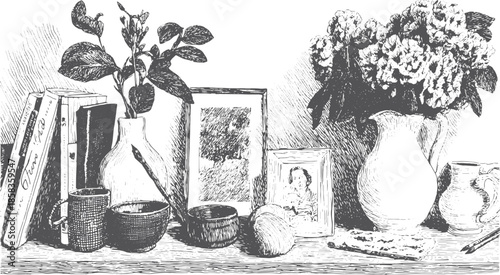 Still life vector illustration featuring flowers in a vase, books, cups, and a bowl. This vintage set in black and white creates an elegant indoor scene.
