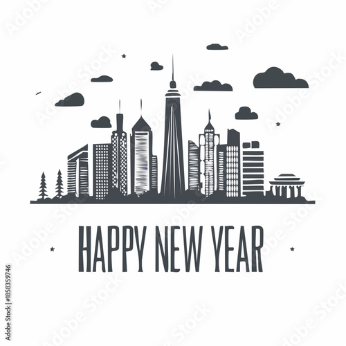 Modern city skyline celebrating Happy New Year with skyscrapers