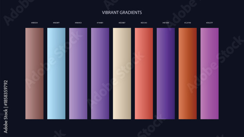 Vibrant Gradient Color Palette Swatches with HEX Codes for UI and Branding on Dark Background