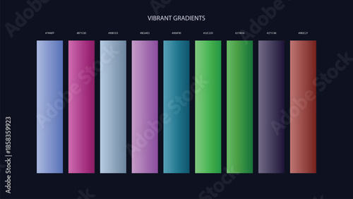 Vibrant Gradient Color Palette Swatches with HEX Codes for UI and Branding on Dark Background