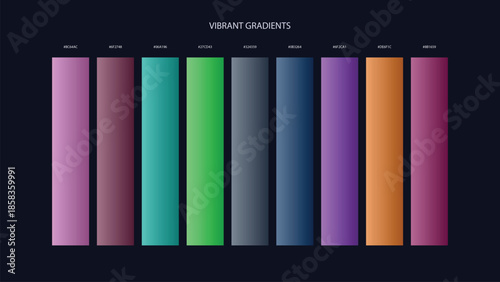 Vibrant Gradient Color Palette Swatches with HEX Codes for UI and Branding on Dark Background