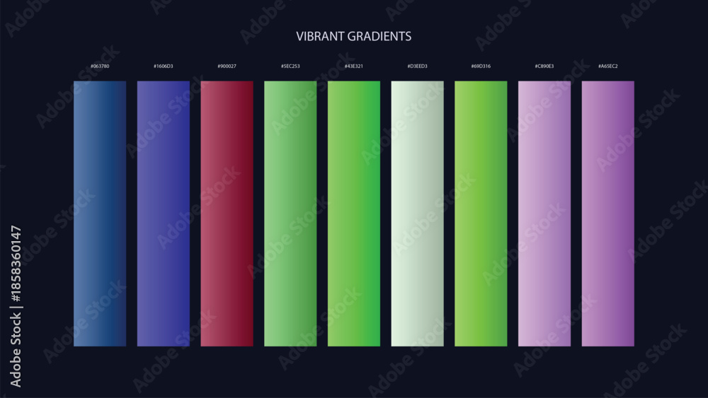 Fototapeta premium Vibrant Gradient Color Palette Swatches with HEX Codes for UI and Branding on Dark Background