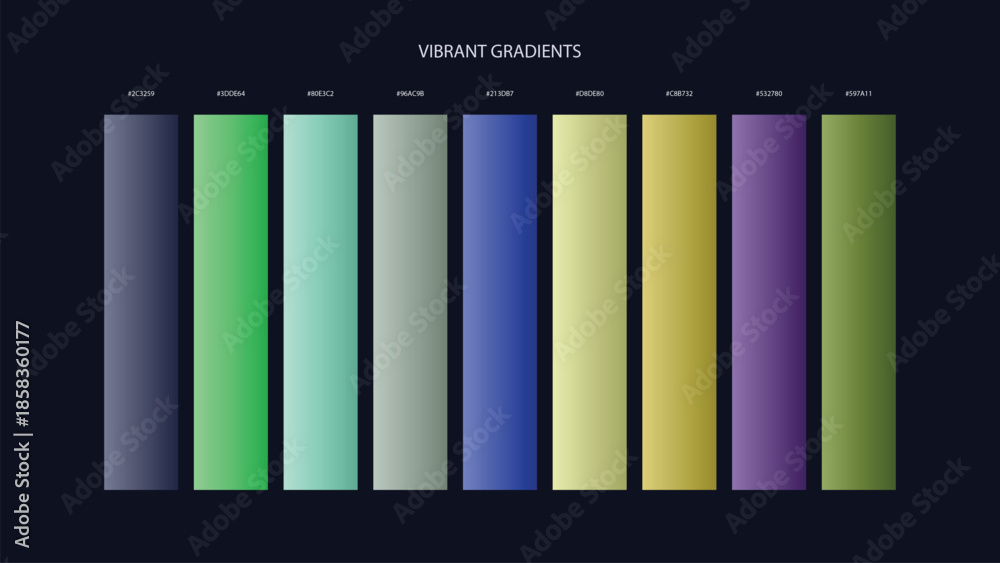 Fototapeta premium Vibrant Gradient Color Palette Swatches with HEX Codes for UI and Branding on Dark Background