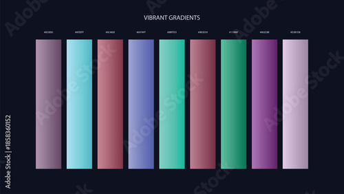 Vibrant Gradient Color Palette Swatches with HEX Codes for UI and Branding on Dark Background