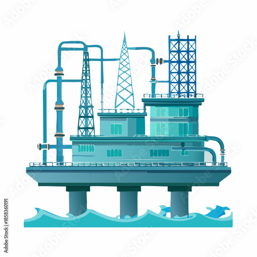 Offshore oil rig platform in the ocean with industrial equipment