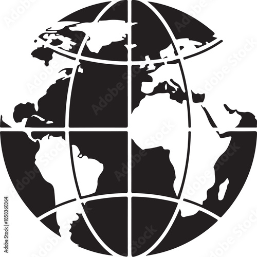 Black and white stylized globe icon representing international concepts