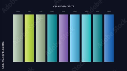Vibrant Gradient Color Palette Swatches with HEX Codes for UI and Branding on Dark Background
