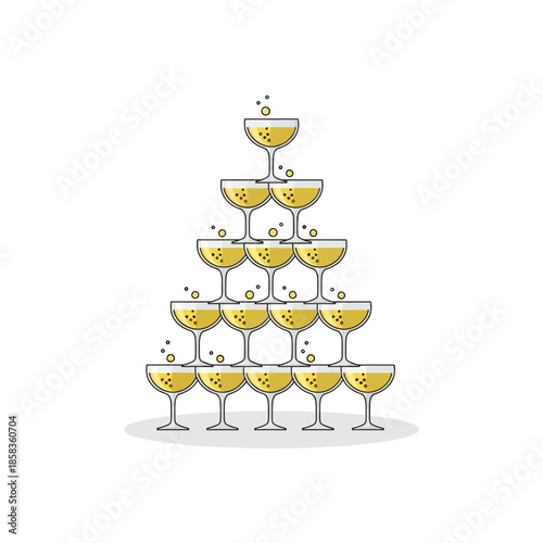 An illustration of a classic champagne tower with multiple tiers of glasses filled with sparkling golden liquid, ready for a celebration.