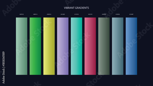 Vibrant Gradient Color Palette Swatches with HEX Codes for UI and Branding on Dark Background