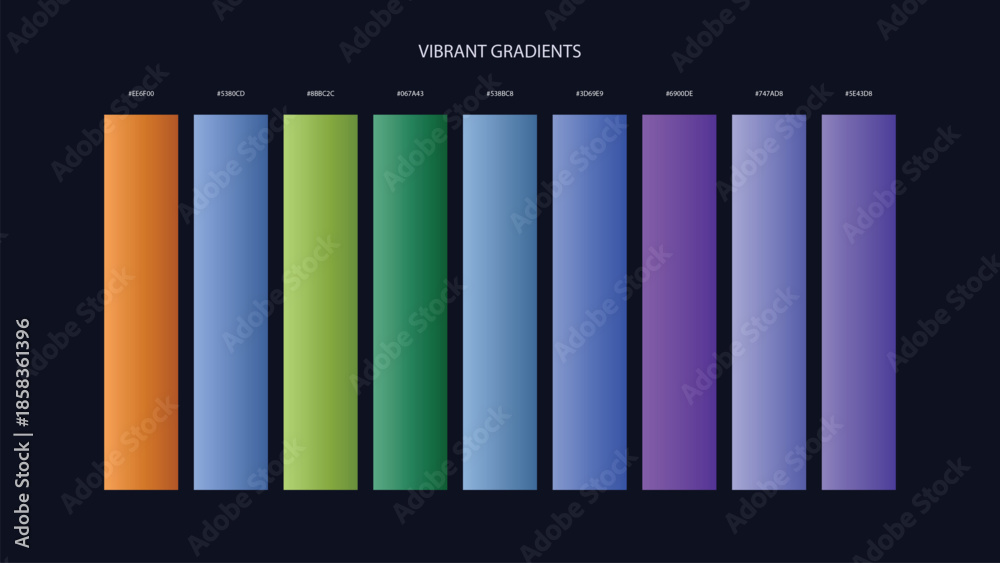Obraz premium Vibrant Gradient Color Palette Swatches with HEX Codes for UI and Branding on Dark Background