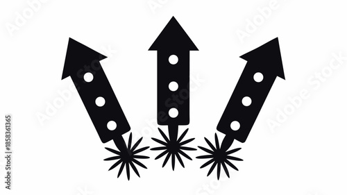 Three black rockets launching upwards with starburst effects