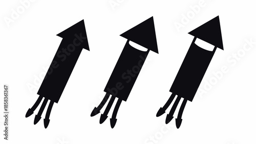 Three black rocket ships blasting off upwards in unison