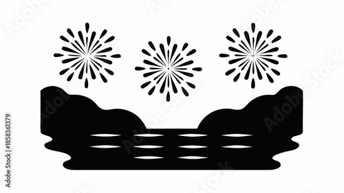 Fireworks exploding over serene mountain lake at dusk