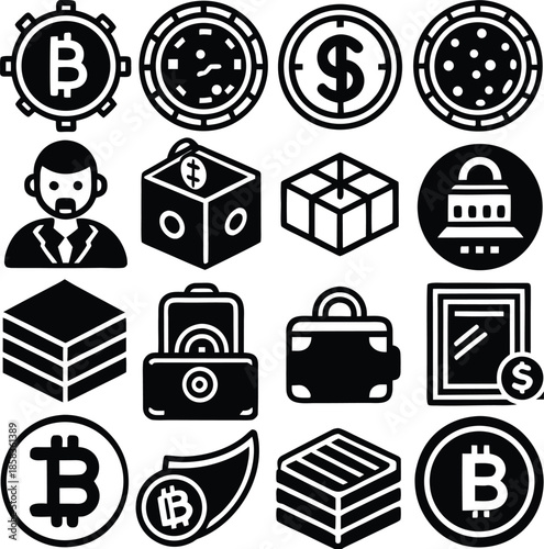 A professional set of vector money icons and business symbols featuring finance, bank, and web communication signs for internet and media design