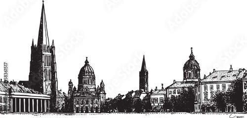 City skyline featuring detailed architectural buildings and towers. A black and white vector illustration of historical architecture set in a silhouette.